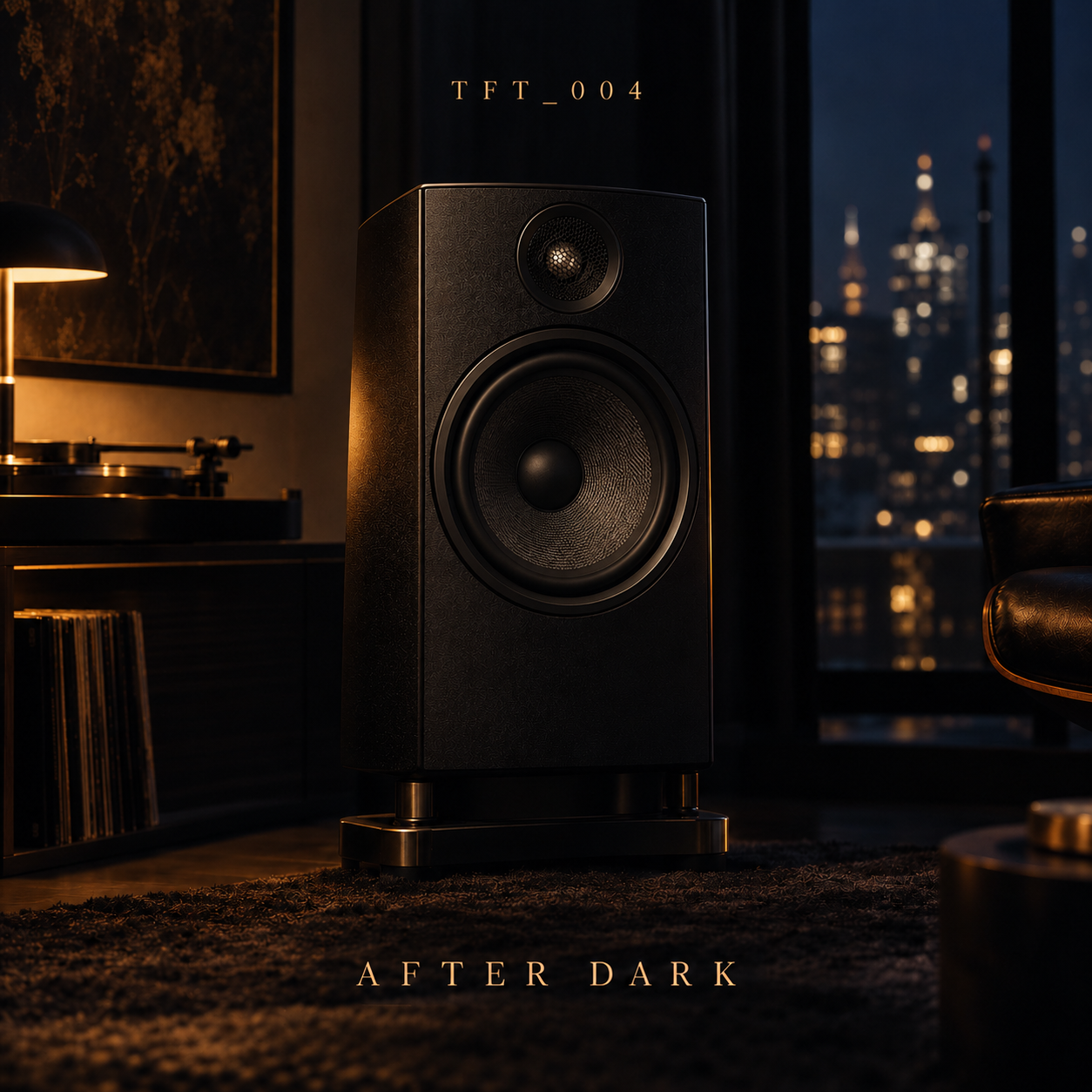 TFT_004 After Dark cover art: a black speaker in a dim listening room