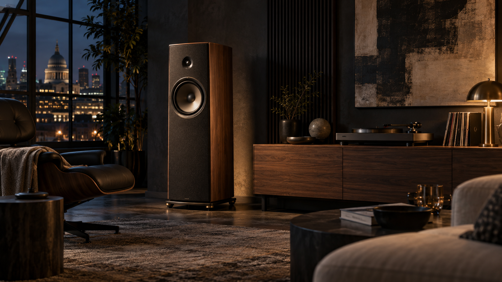 A sculptural speaker and turntable in a warm, intimate listening room