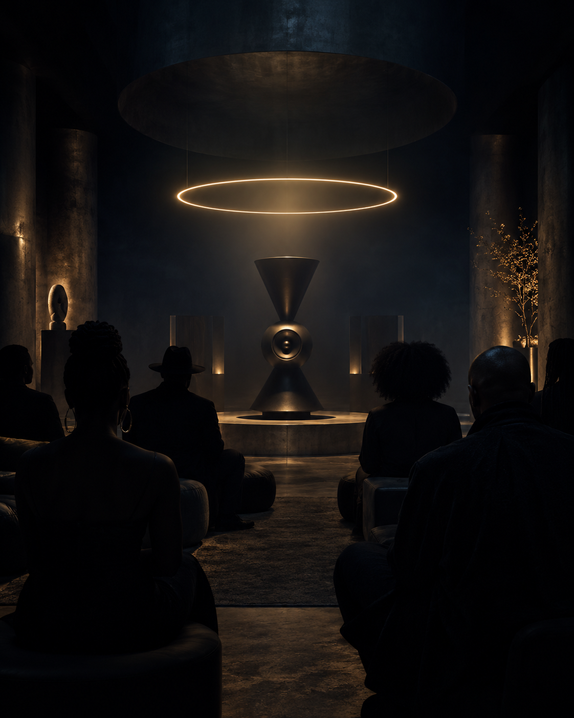 An intimate TFT listening session in a dark gallery space
